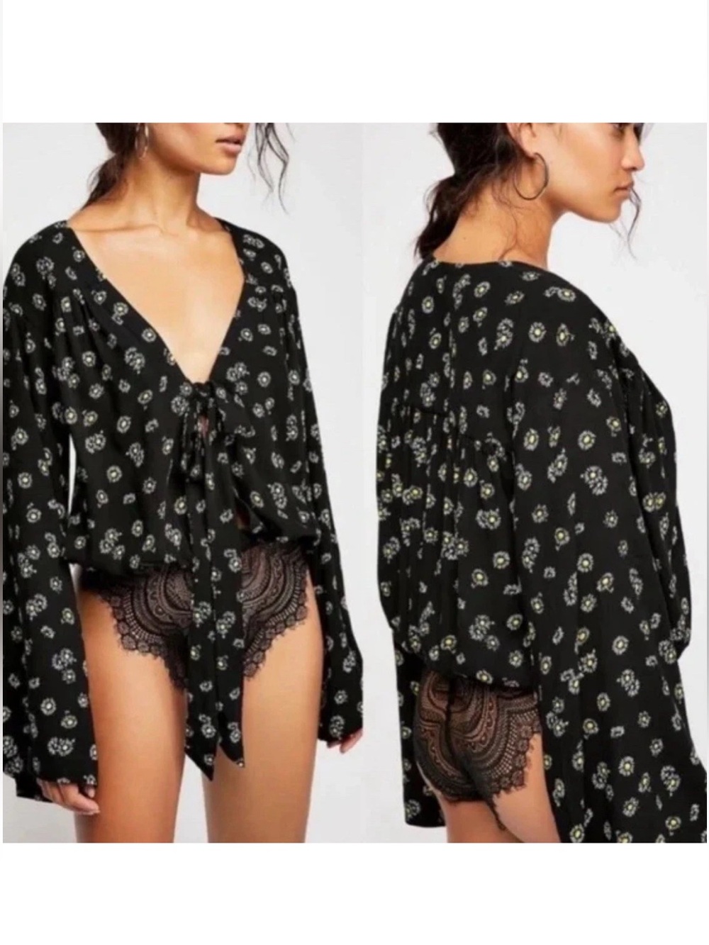 Free People daisy print bell sleeves snap crotch lace bottom body suit size XS